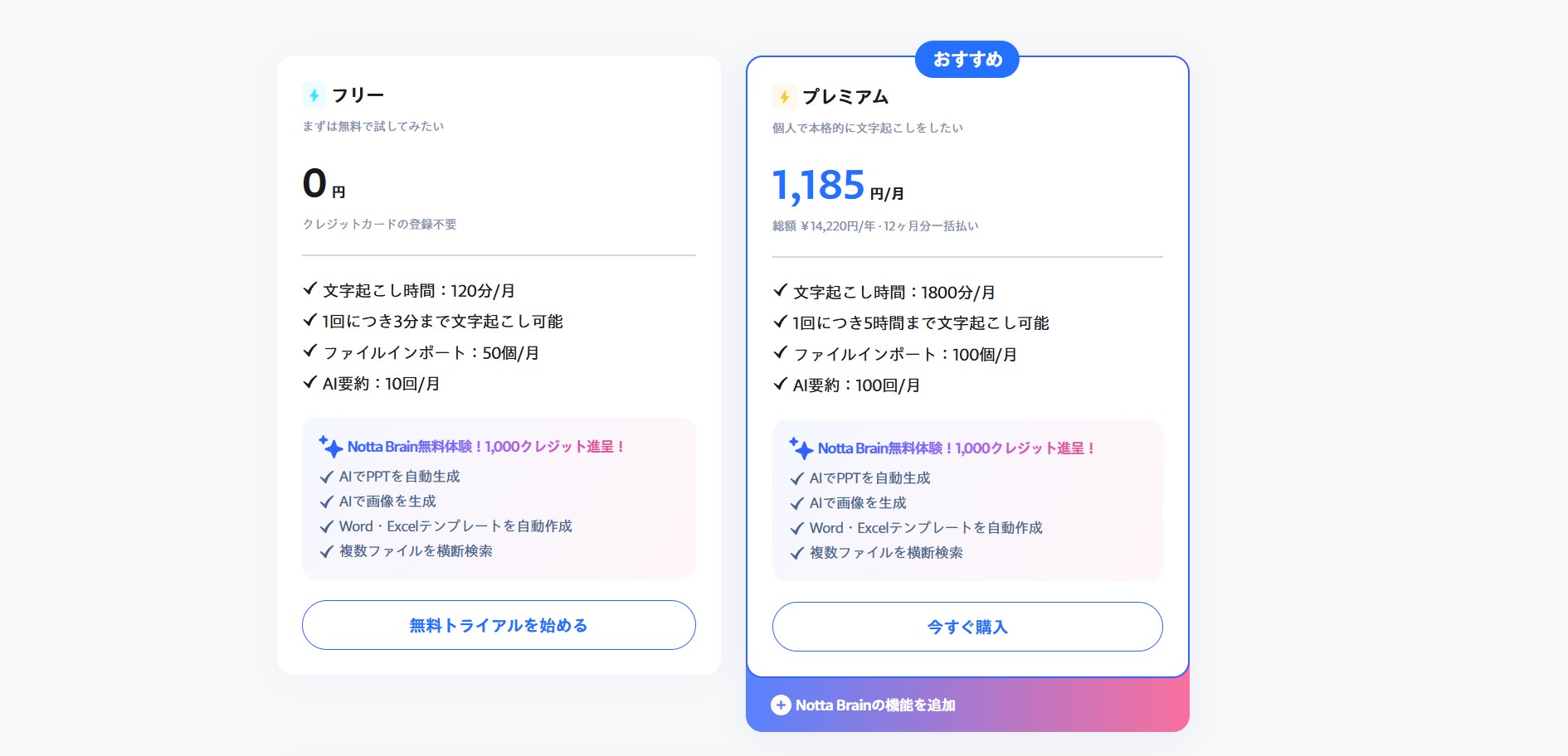 Notta無料プラン